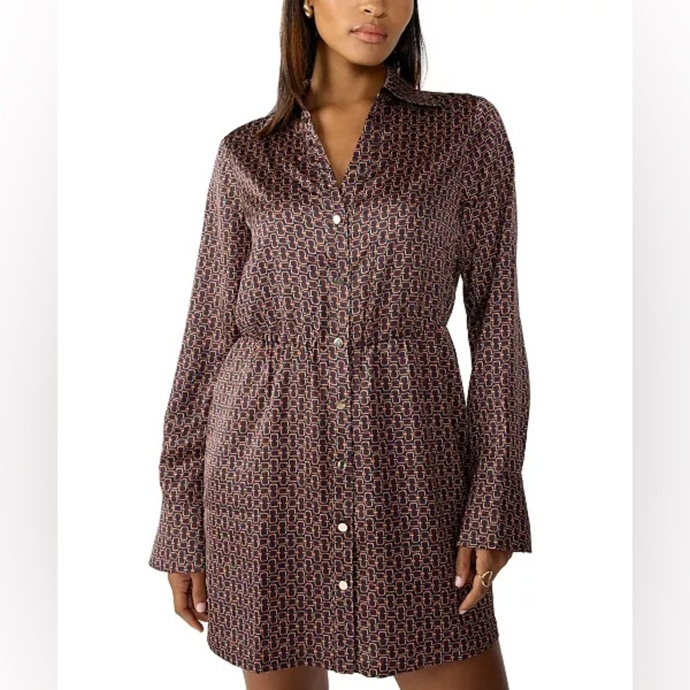 Sanctuary Shirt dress satin brown print pockets A Day To Shine mini knee NWT